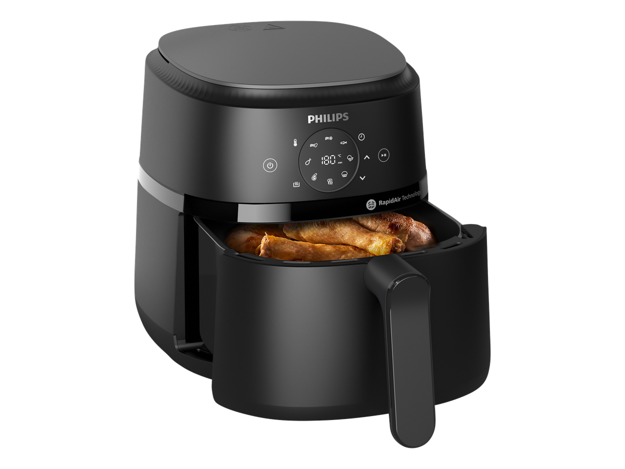 Crna friteza na vrući zrak s digitalnim zaslonom prikazuje 180°C i pileće batake unutra.
