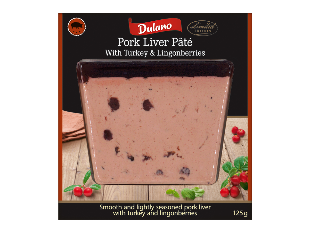 Dulano cūkas aknu pastete ar tītara gaļu un brūklenēm, ierobežots izdevums.