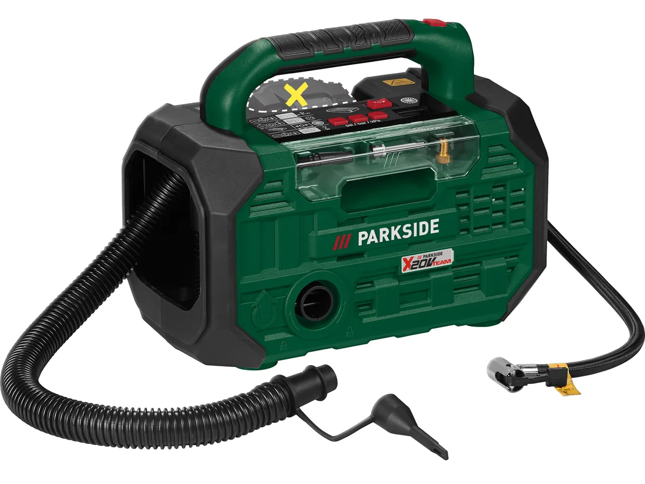 Зелен и черен компресор Parkside X 20V Team с маркучи и приставки