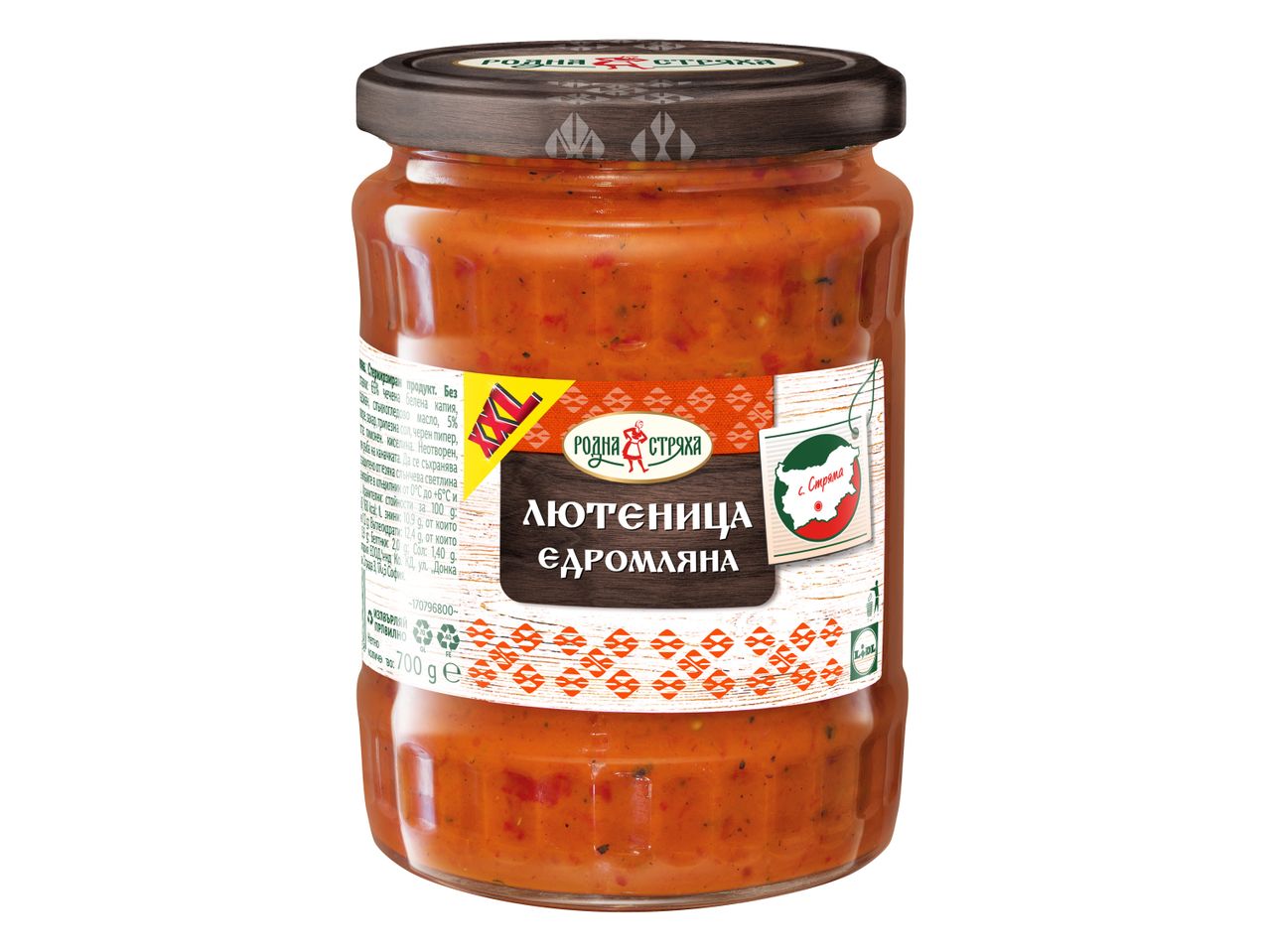 Стъклен буркан с лютеница от Родна Стряха, едромляна.