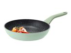 Light green frying pan with a speckled non-stick interior, containing roasted vegetables.