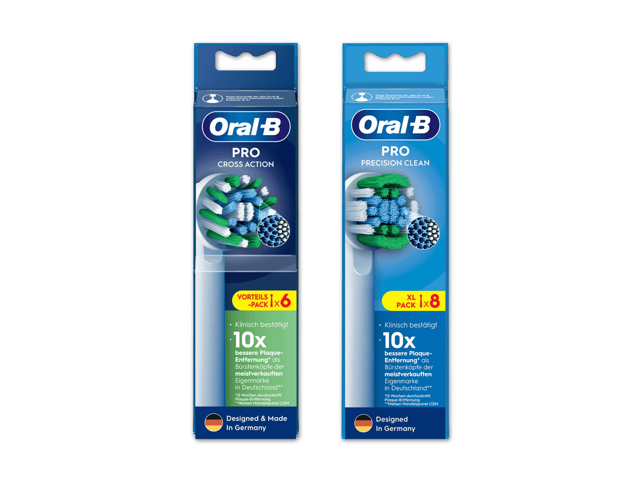 Zwei Packungen elektrische Zahnbürstenköpfe, Cross Action und Precision Clean, mit 6 bzw. 8 Stück.