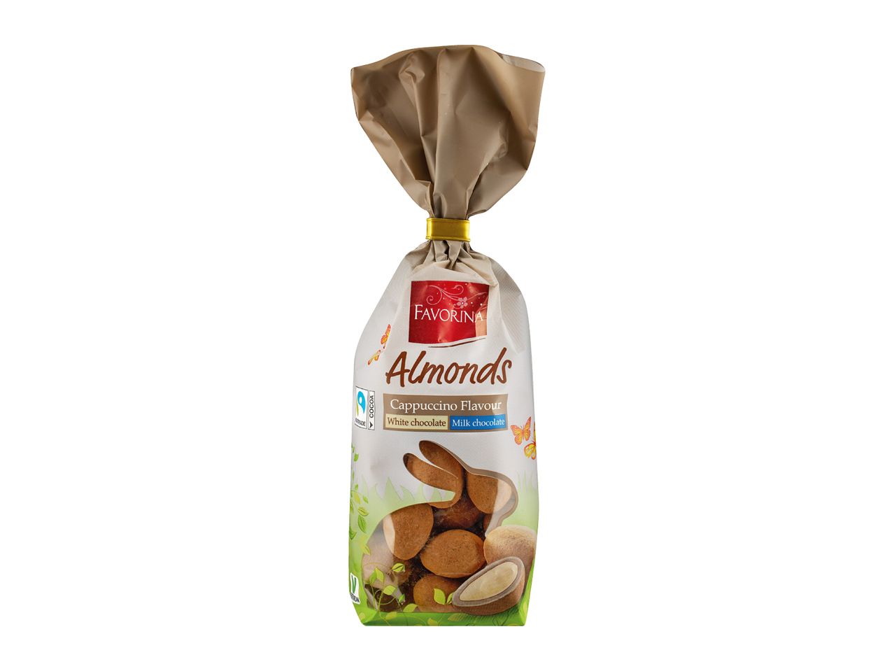 Bag of cappuccino-flavored almonds, white chocolate, and milk chocolate.