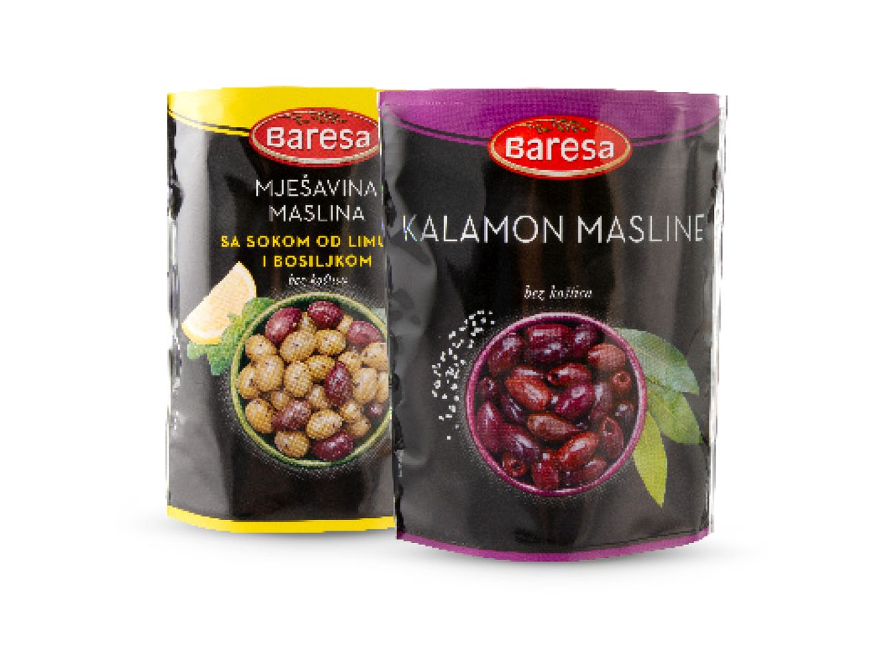 Pakiranja Barese maslina: mješavina maslina s limunom i bosiljkom te Kalamon masline.