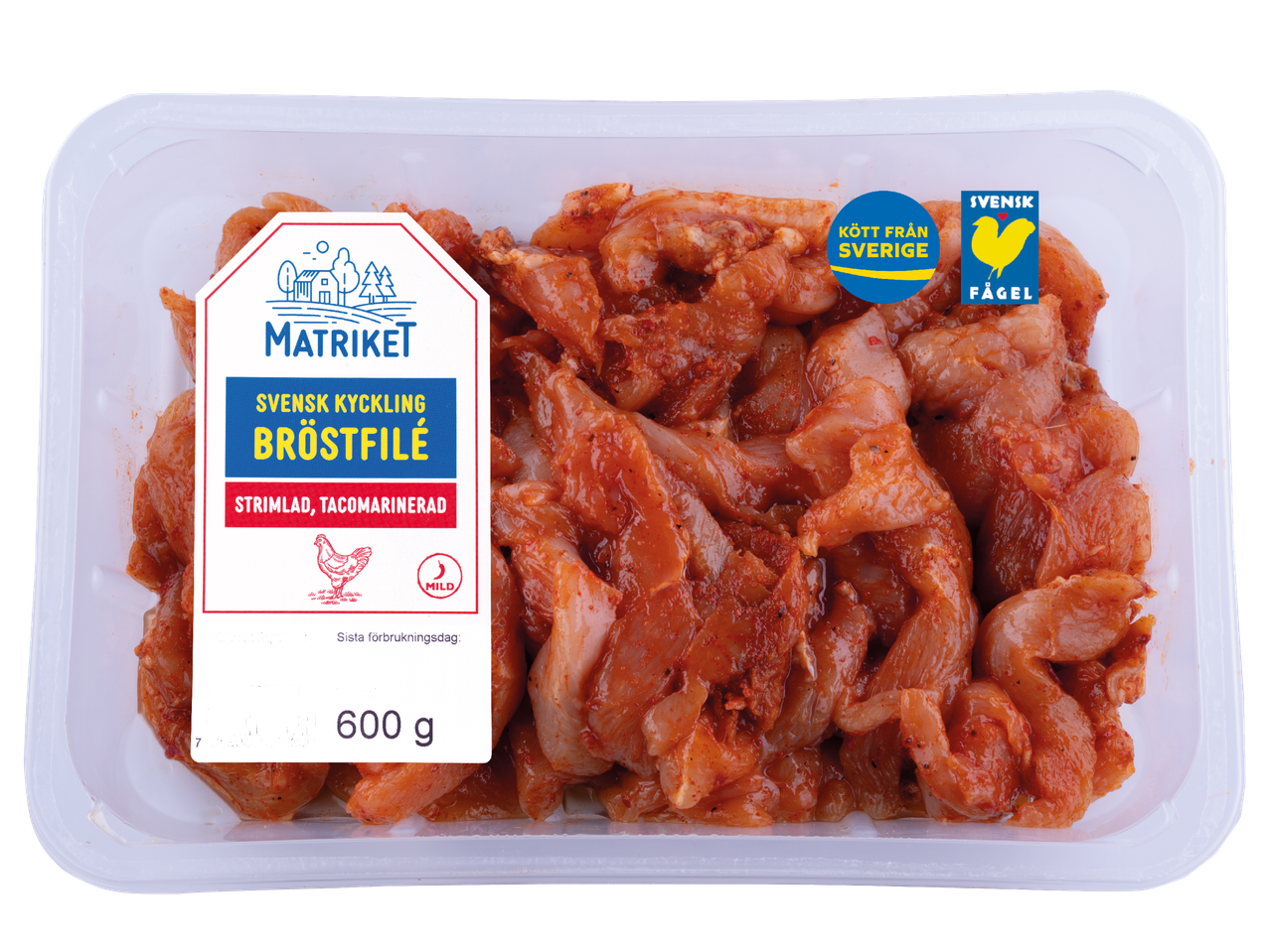 En förpackning Matriket svensk kycklingbröstfilé, strimlad och tacomarinerad, 600g.