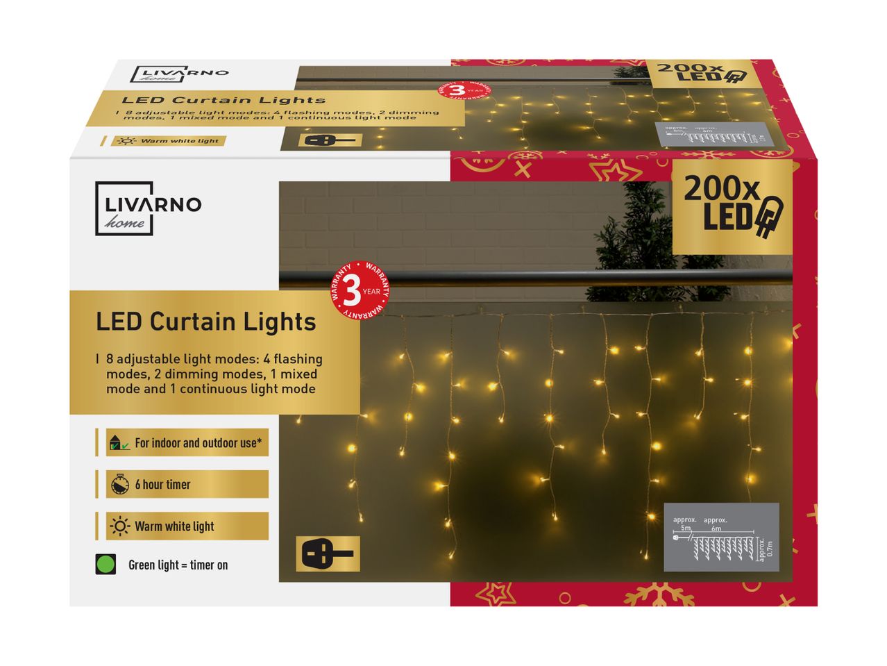 LIVARNO home LED Curtain Lights with 200 LEDs, 8 light modes, and a 3-year warranty.