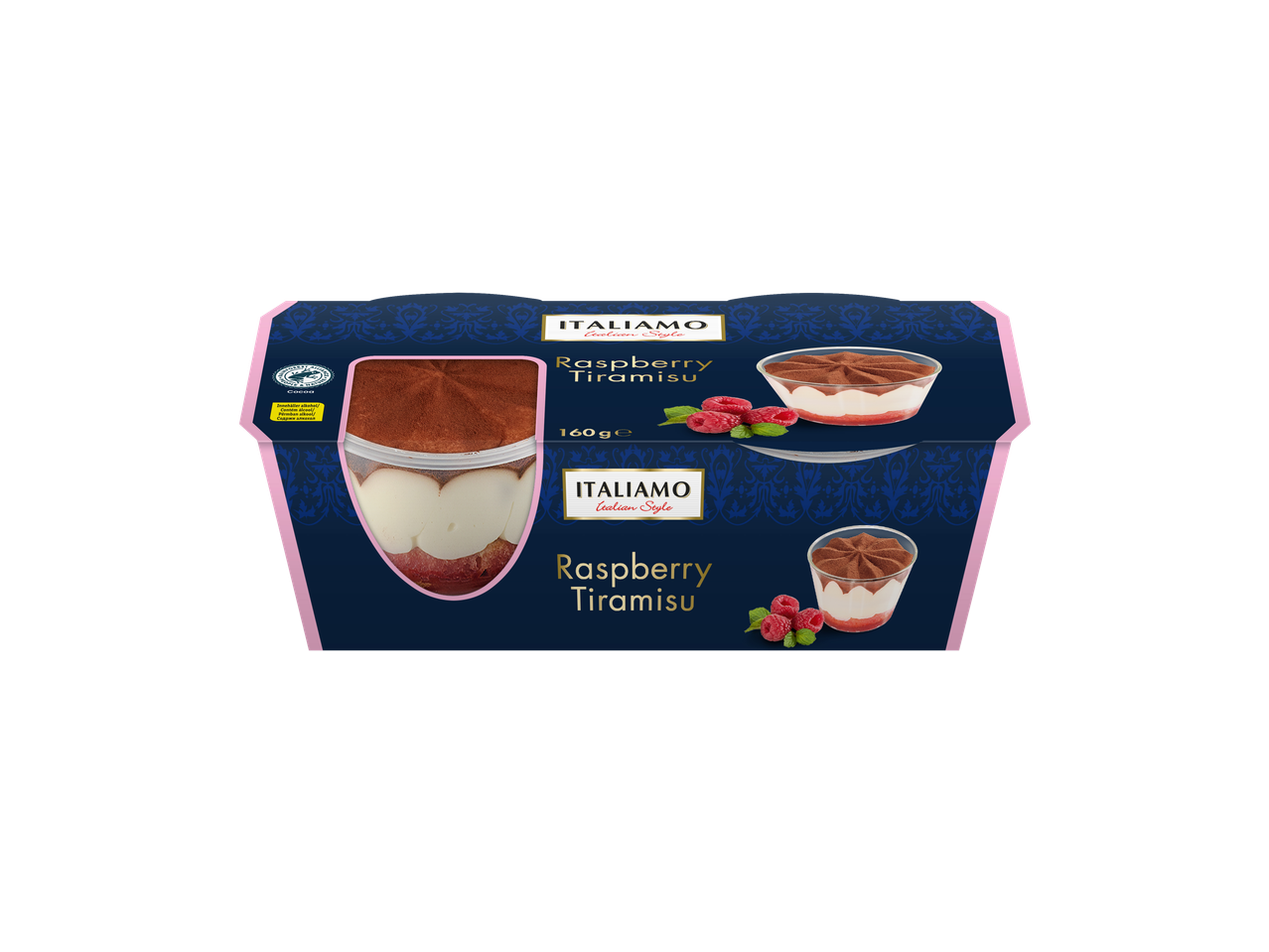 ITALIAMO Tiramisu de Framboesa, 160g, com cacau certificado Rainforest Alliance.