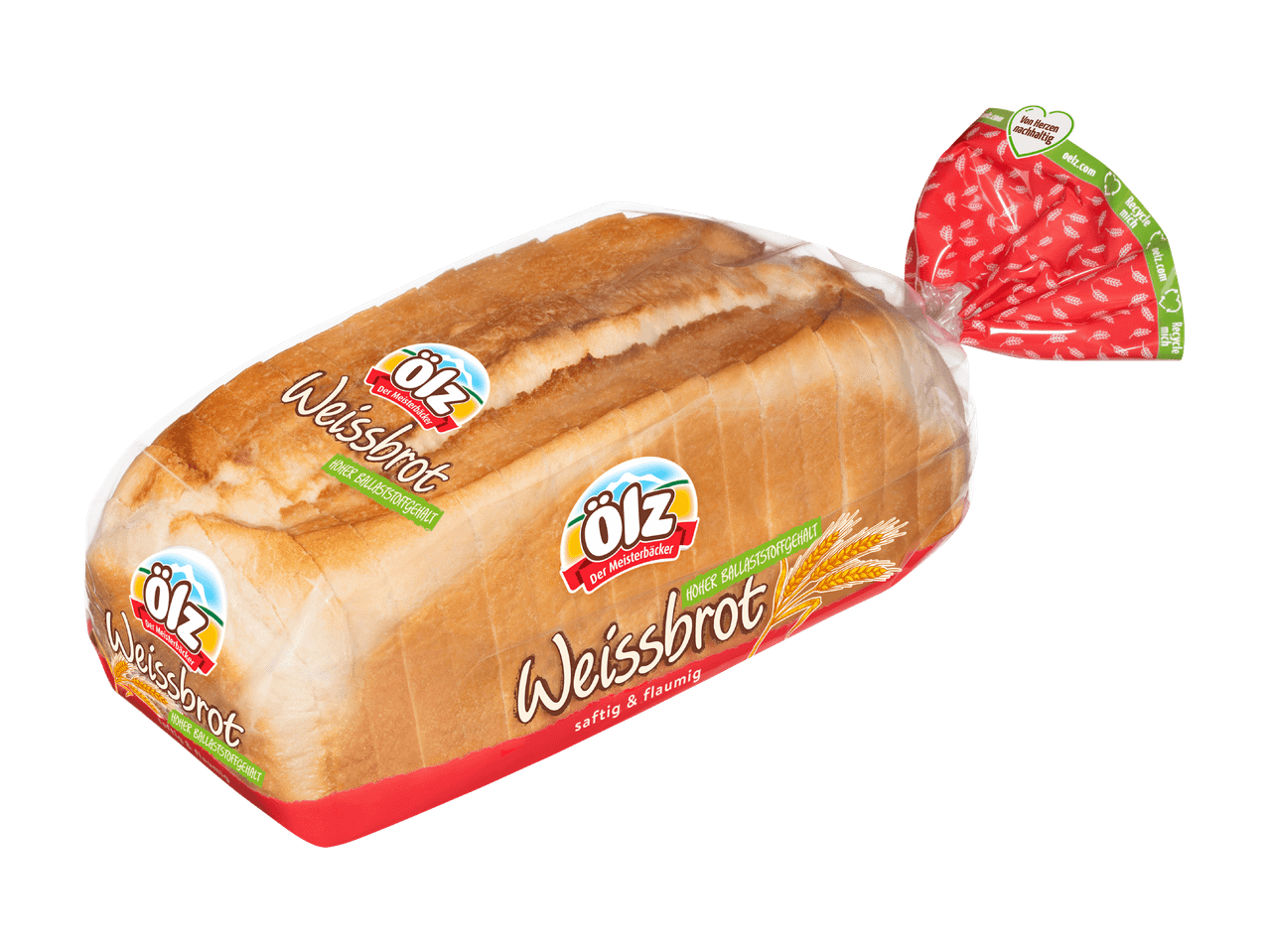 Verpacktes Weißbrot mit der Aufschrift 'Weissbrot saftig & flaumig' und Hinweisen zur Nachhaltigkeit.