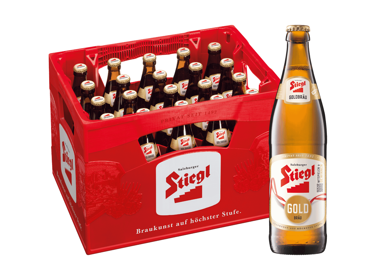 Ein Kasten mit Bierflaschen und eine einzelne Flasche Goldbräu-Bier.