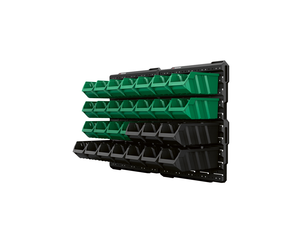 Parkside® dirbtuvių laikymo sistema su žaliomis ir juodomis laikymo dėžėmis.