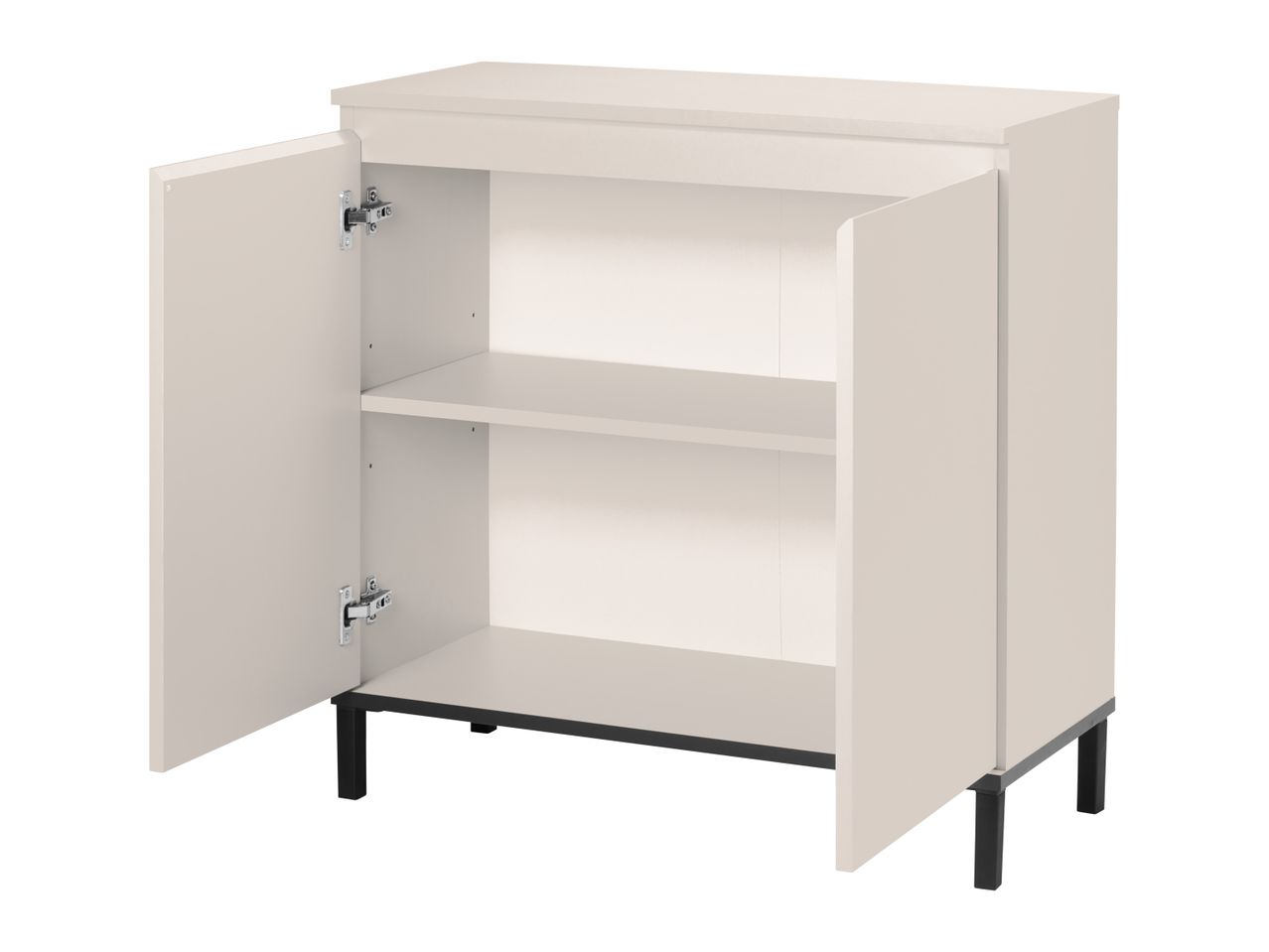Light beige cabinet with two open doors and an interior shelf, on black legs.