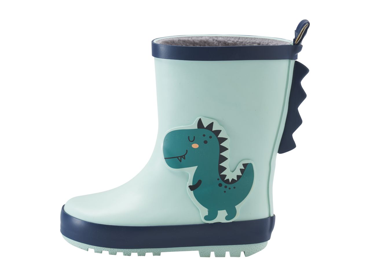Kids' light green wellington boot with a dark green dinosaur design and a dark blue sole.
