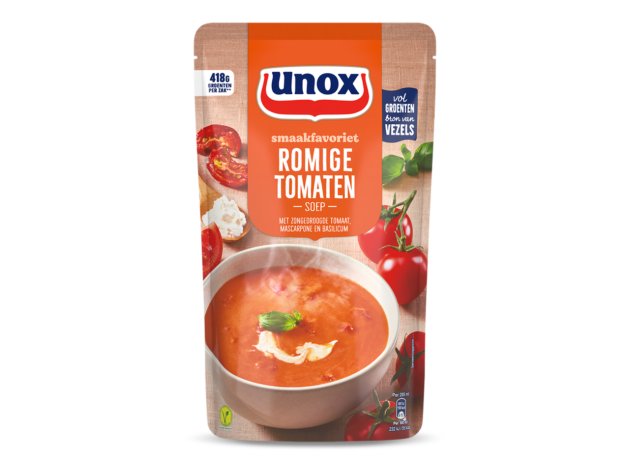 Verpakking van romige tomatensoep met zongedroogde tomaat, mascarpone en basilicum, met 418g groenten per zak en een bron van vezels.