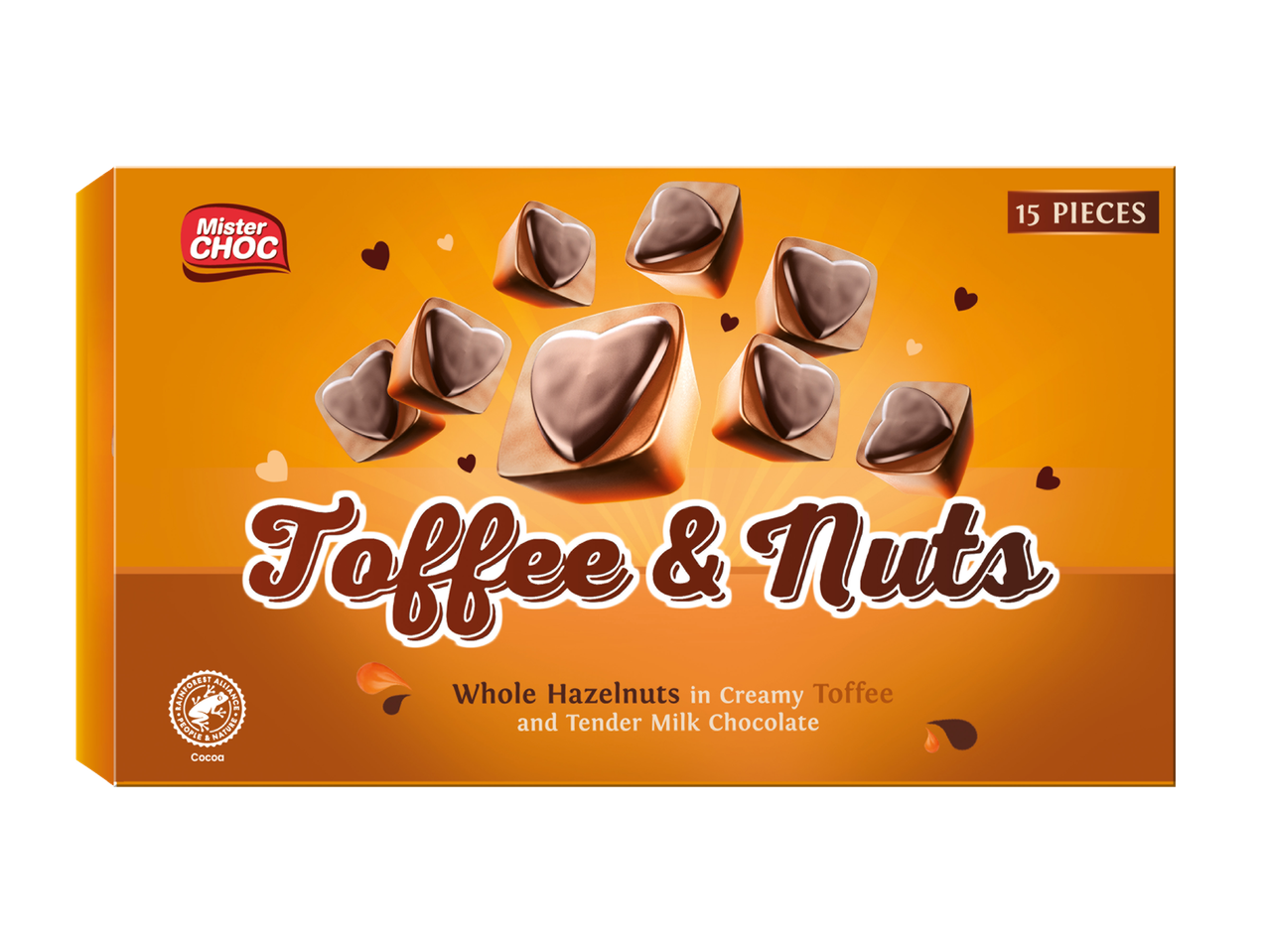 Cutie Mister Choc cu bomboane Toffee & Nuts: alune prăjite în ciocolată cu lapte.