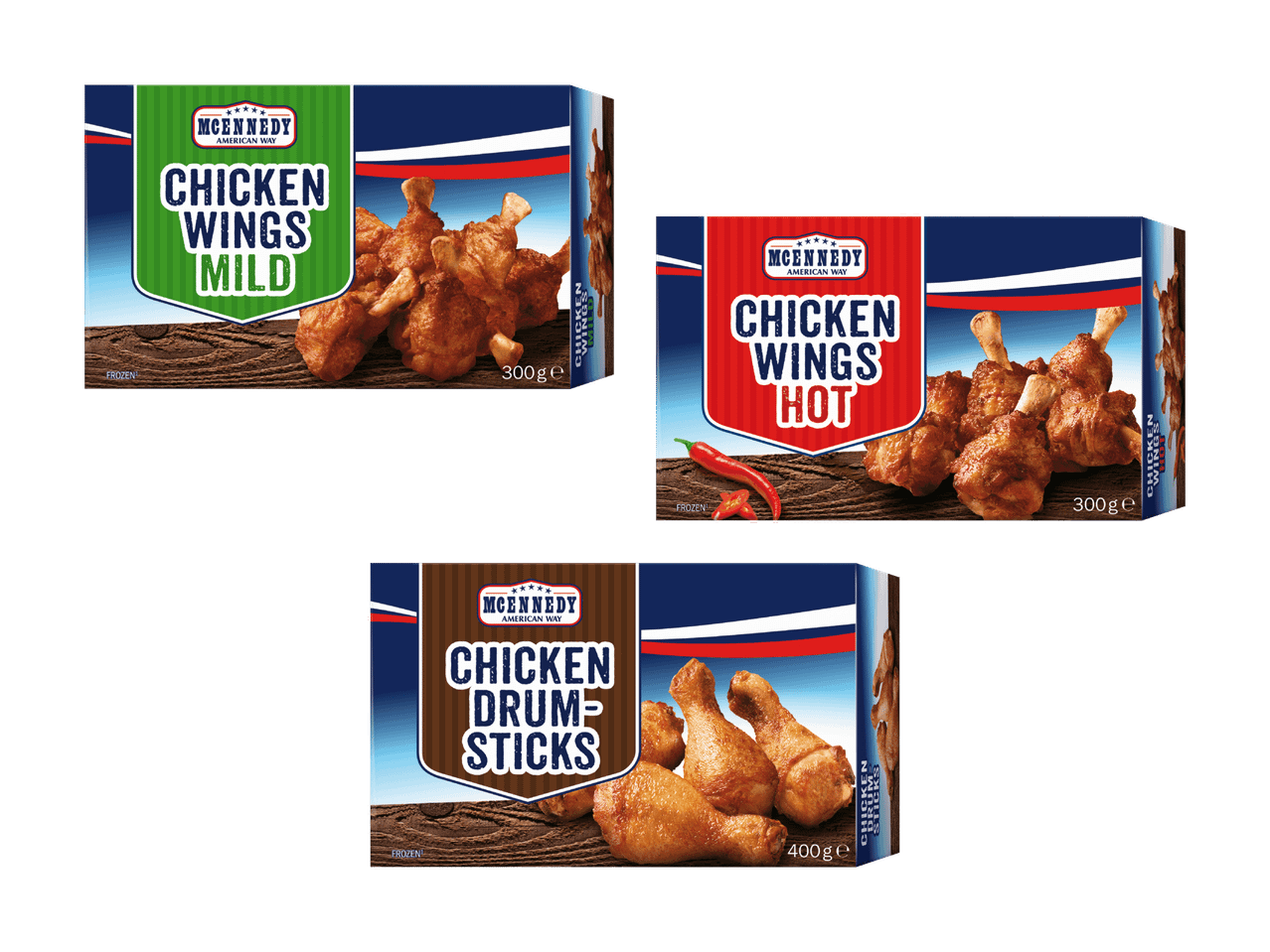 Trois paquets d'ailes et de pilons de poulet surgelés, avec des variantes douces, piquantes et pilons.