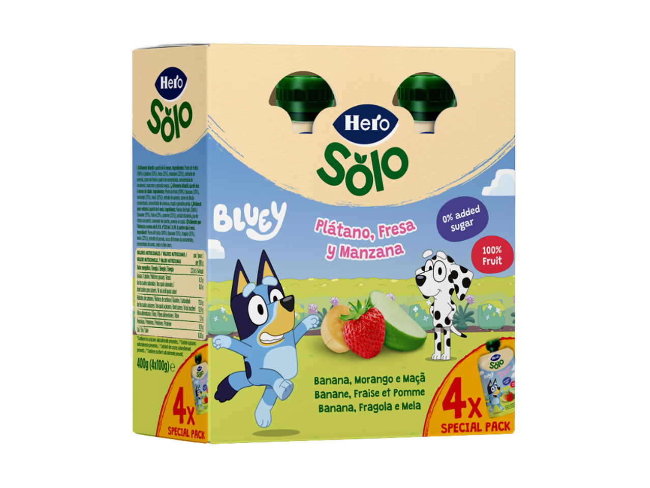 Embalagem de puré de fruta para bebé com sabor a banana, morango e maçã, com 0% de açúcar adicionado.