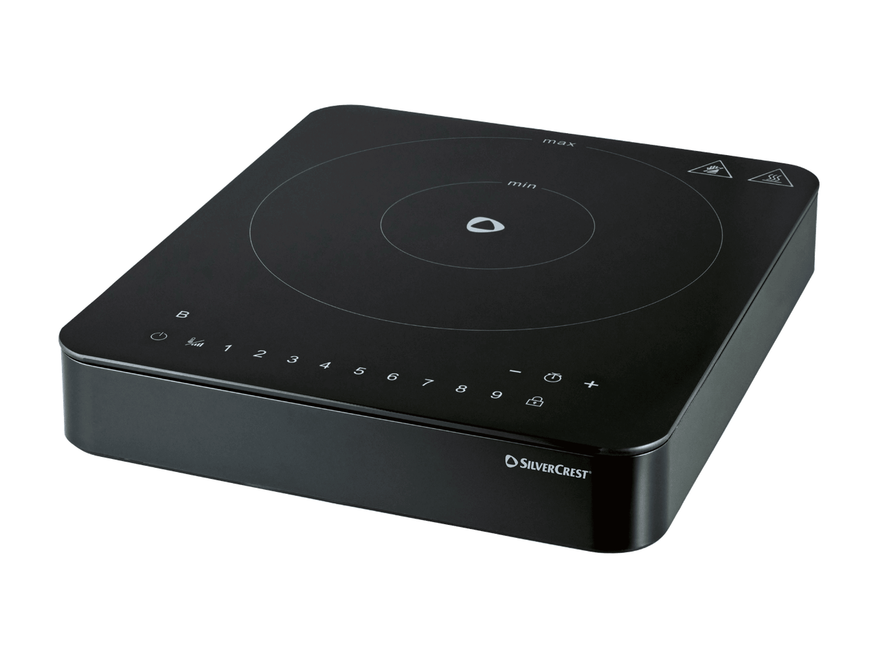 Schwarzes tragbares Induktionskochfeld mit Touch-Bedienelementen und Digitalanzeige.