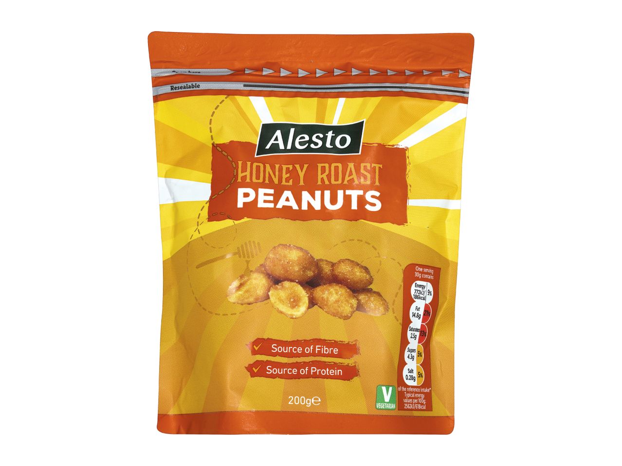 A bag of honey roast peanuts, highlighting they are a source of fibre and protein.