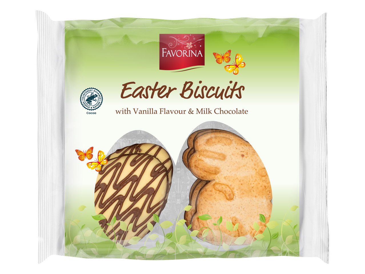 Favorina Paaskoekjes met vanillesmaak en melkchocolade in een transparante verpakking.