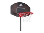 Black basketball hoop with a red rim and white net, featuring orange dots on the backboard.