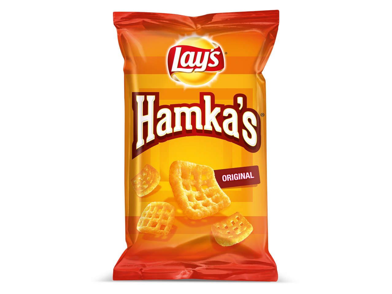 Oranje zak met wafelvormige chips, met de tekst 'Hamka's Original' in het midden.