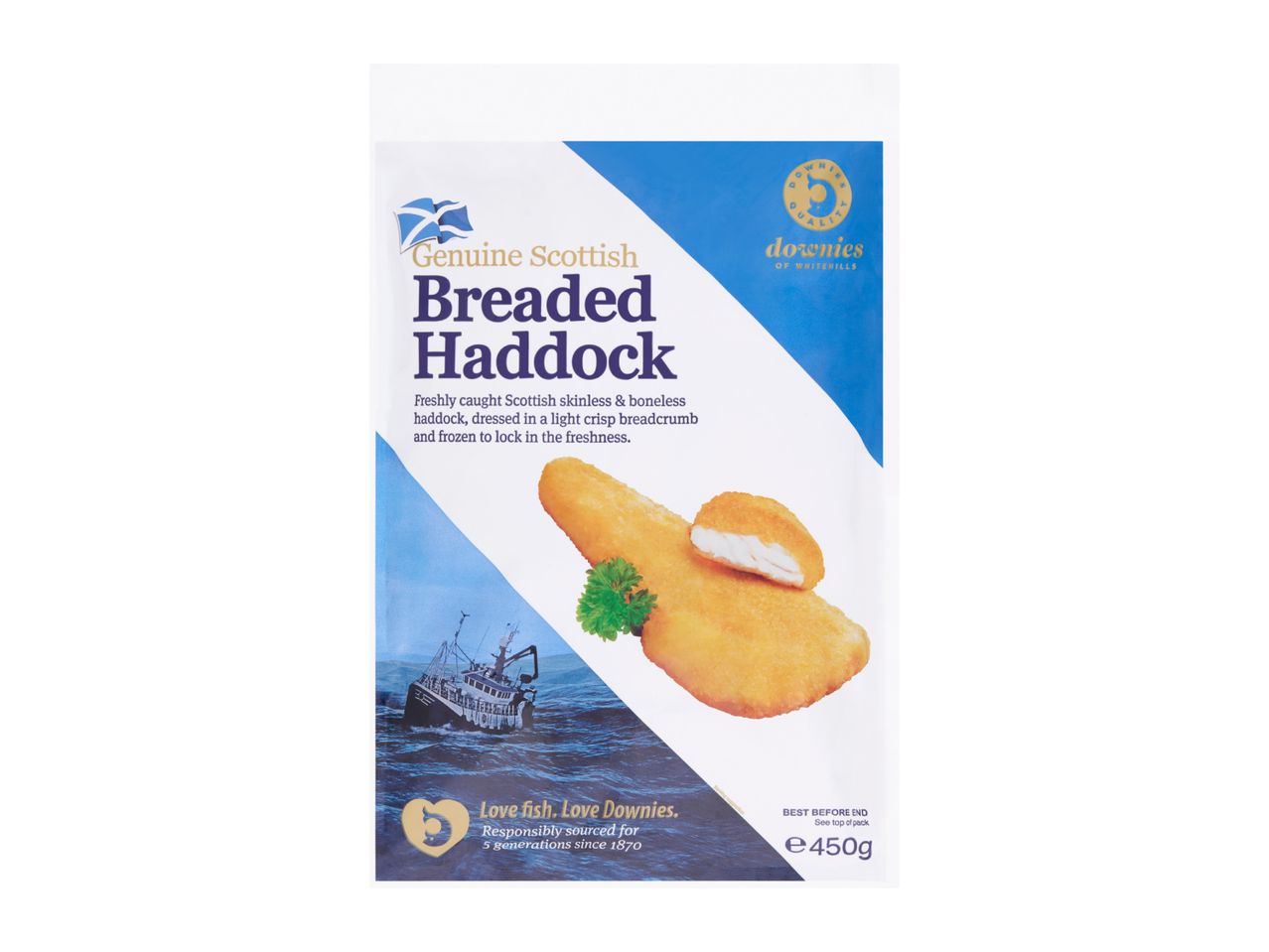 Packaging for genuine Scottish breaded haddock, 450g, with a fishing boat and fish fillets.