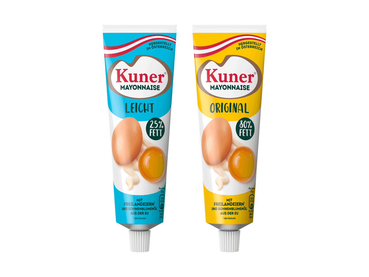 Zwei Tuben Kuner Mayonnaise: Leicht (25% Fett) und Original (80% Fett), beide mit Freilandeiern und Sonnenblumenöl aus der EU.