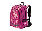 Pink floral backpack with multiple compartments and black straps.