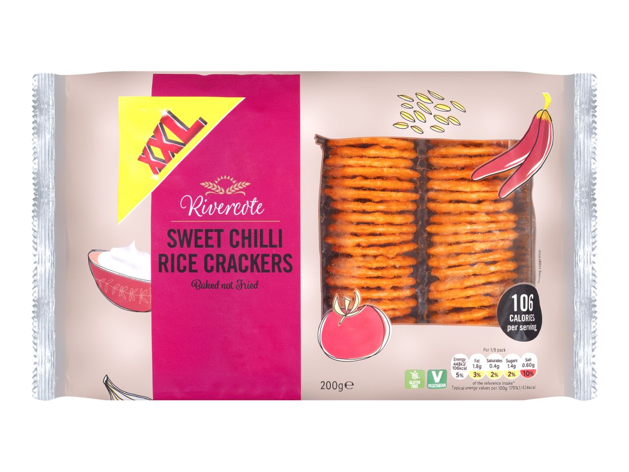 Sweet chilli rice crackers, baked not fried, with 106 calories per serving.