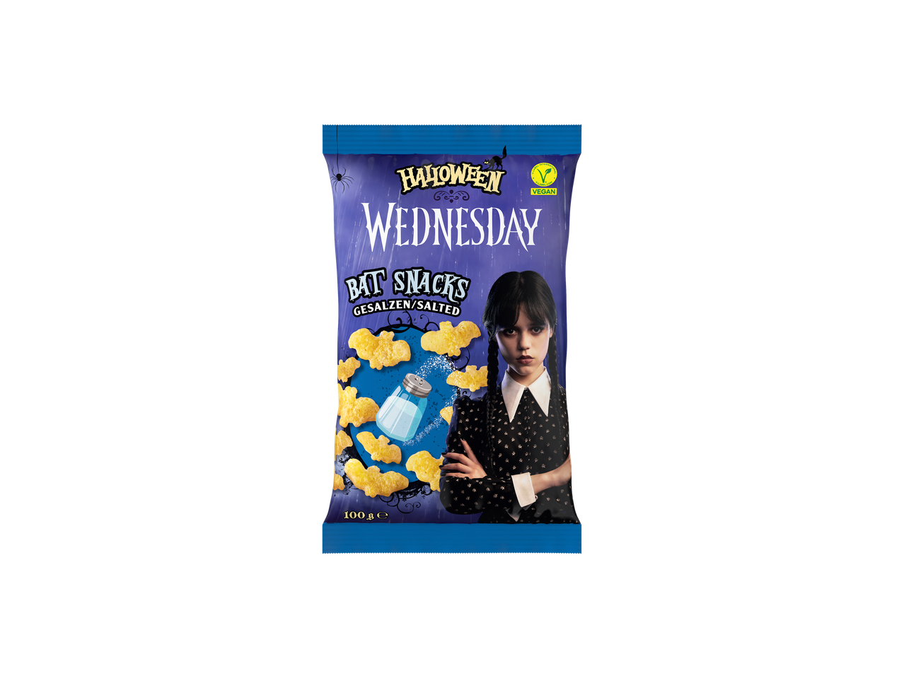 Halloween Wednesday Bat Snacks, salted, featuring Wednesday Addams on the packaging.