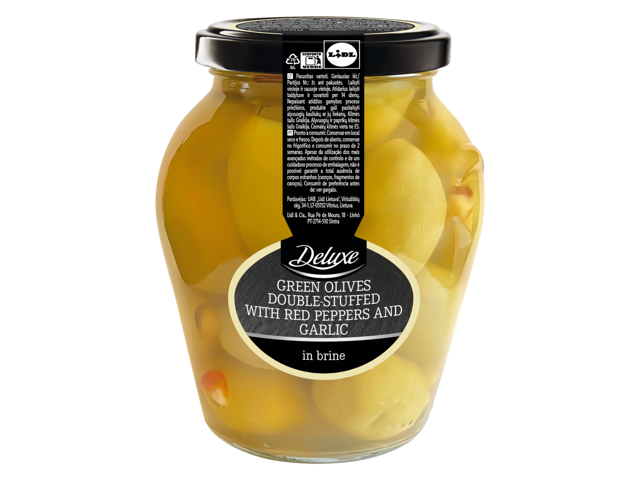 Deluxe žaliosios alyvuogės, įdarytos raudonaisiais pipirais ir česnakais, sūryme.