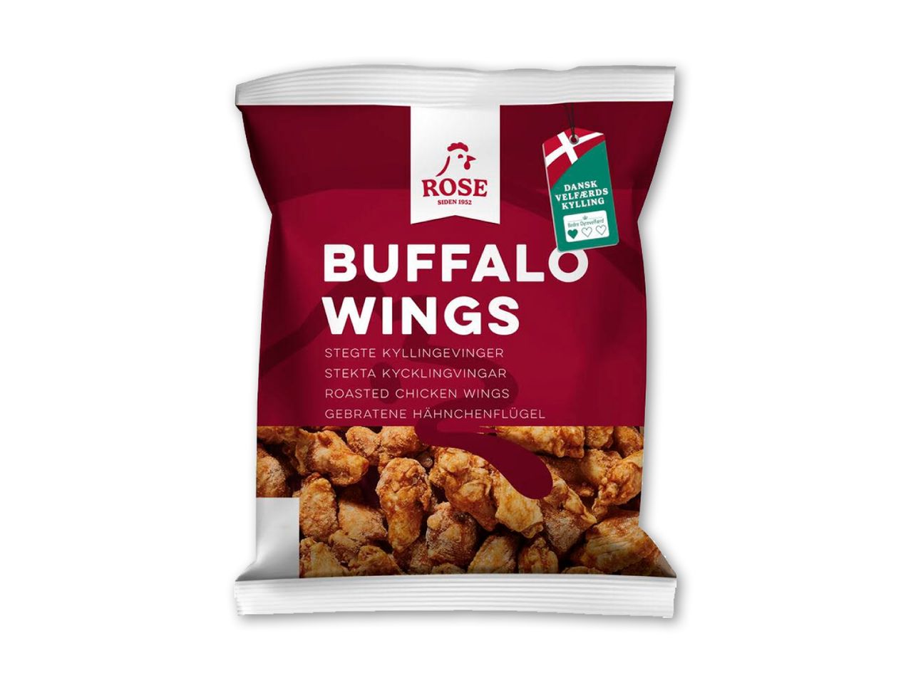 Pose med buffalo wings, stegte kyllingevinger, med tekst om dyrevelfærd.