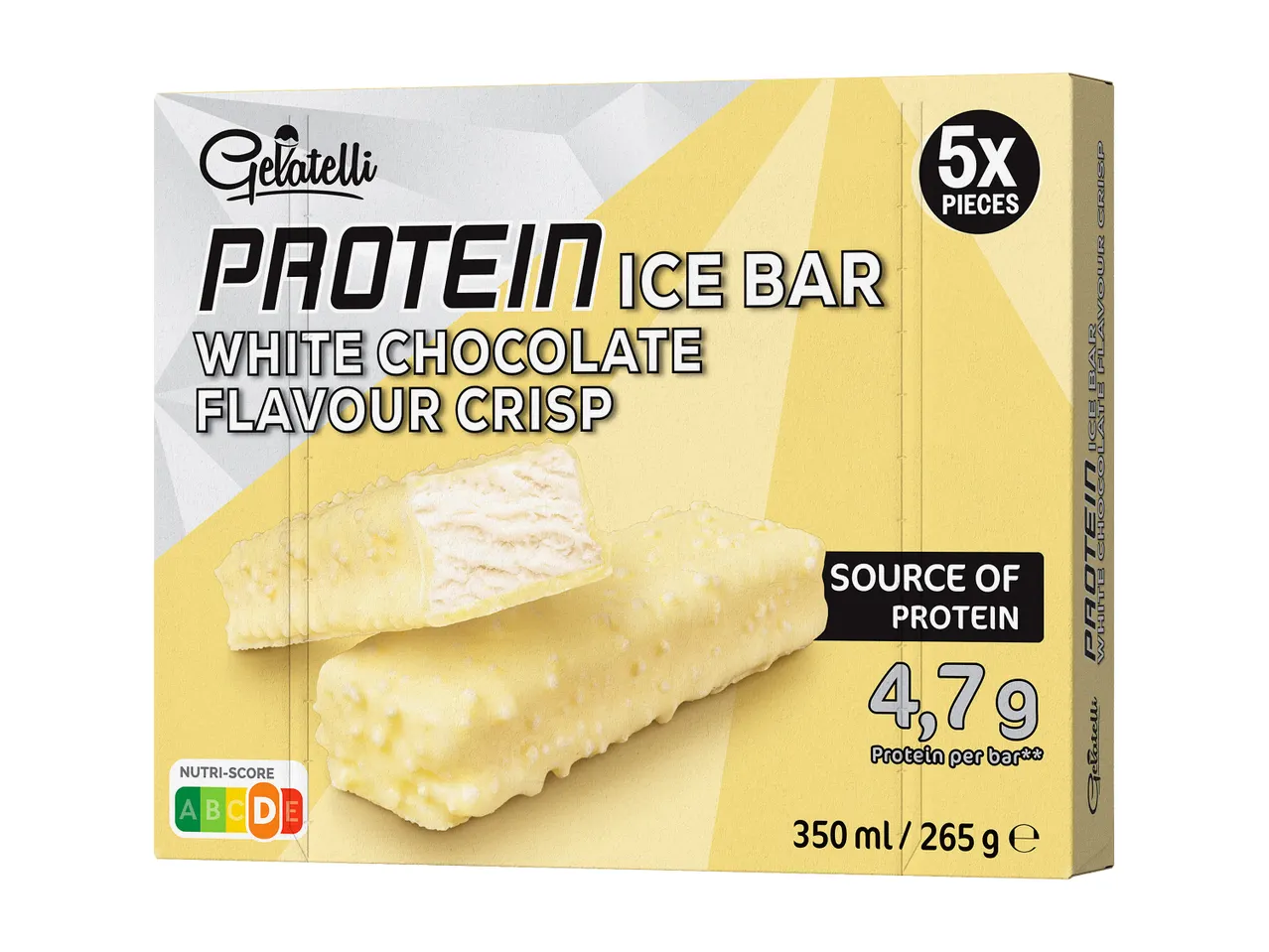 Škatla Gelatelli Protein Ice Bar z okusom bele čokolade in hrustljavimi koščki.