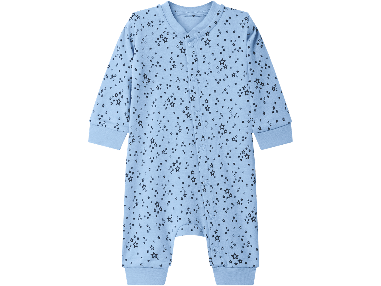 Hele sinine beebi magamiskostüüm mustade tähemustritega.