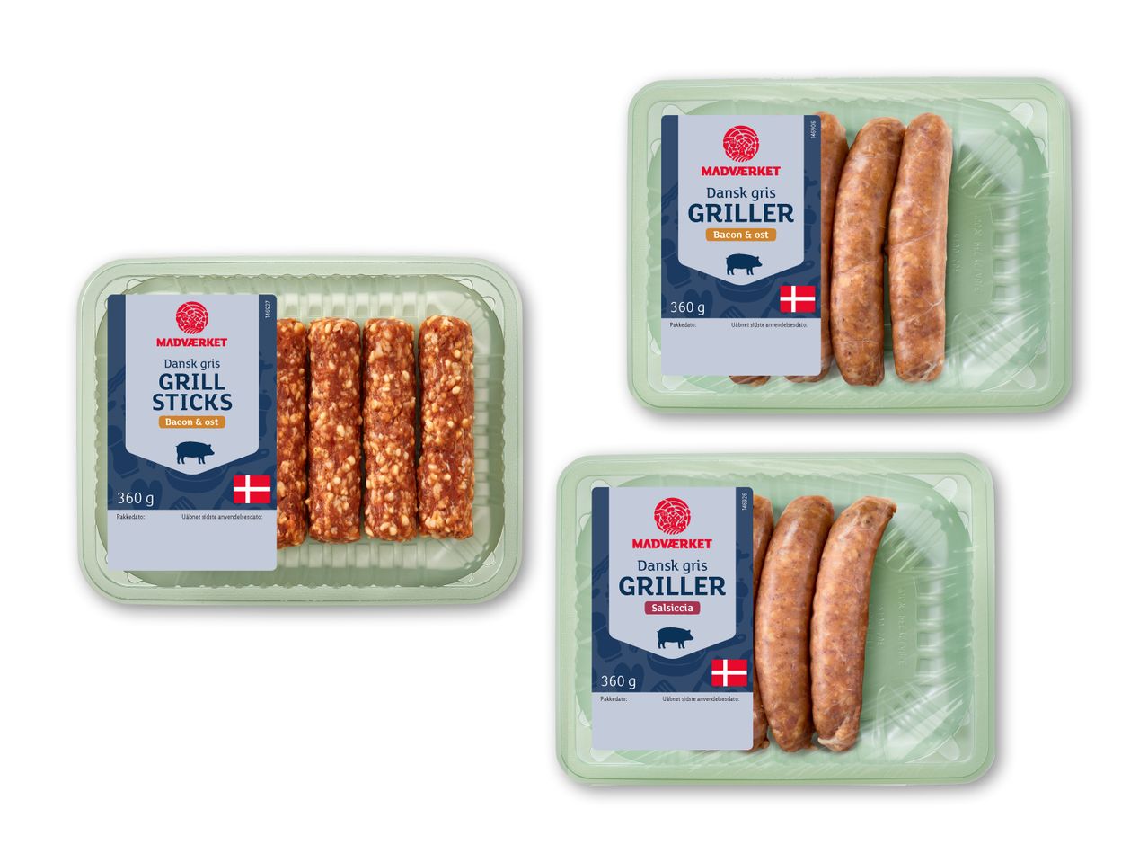 Tre pakker dansk gris: grillpølser med bacon & ost, grillpølser med salsiccia og grillsticks med bacon & ost.