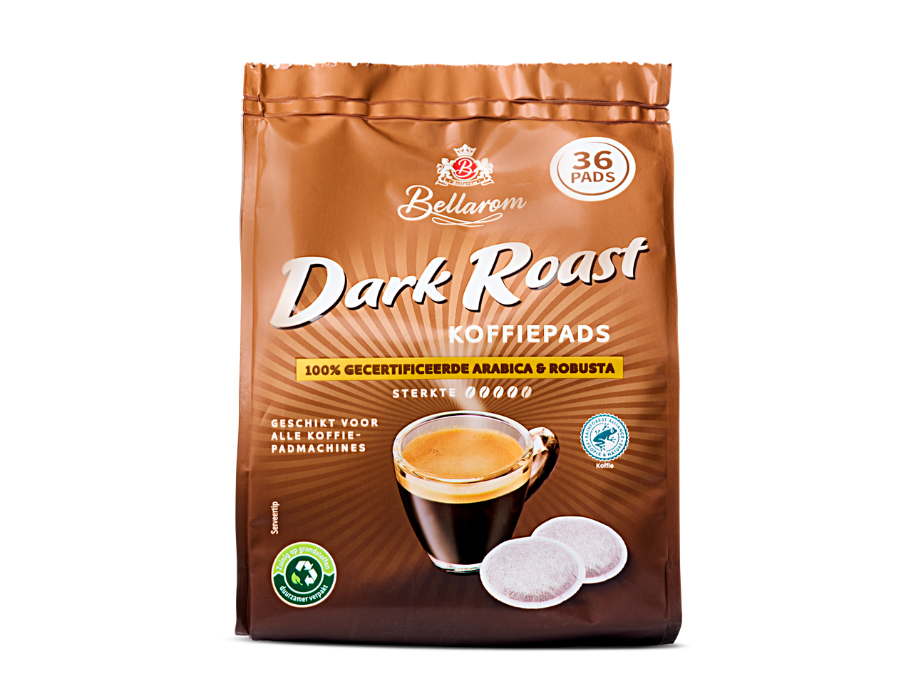 Bellarom Dark Roast koffiepads: 36 pads, 100% gecertificeerde Arabica & Robusta.