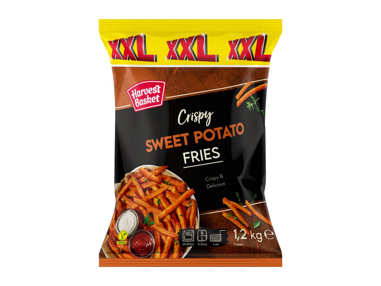Bag of crispy sweet potato fries, 1.2 kg, frozen, with cooking instructions.