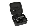 Black massage gun with various attachments and charging cable in an open black carrying case.