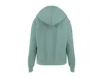 Back view of a plain light green hoodie with a hood and ribbed cuffs.