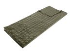 Olive green quilted weighted blanket folded on a white background