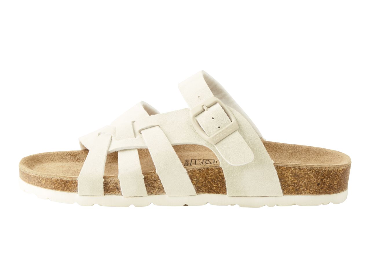 White women's cork sandals with crisscross straps and buckle.