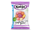 Paarse zak met yoghurtgums in 6 fruitsmaken, met natuurlijke kleur- en smaakstoffen.