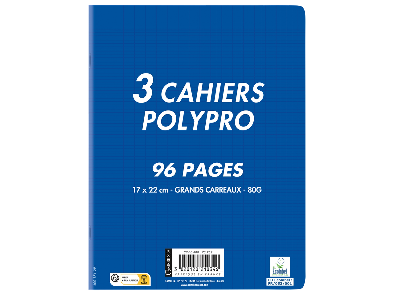 Lot de 3 cahiers polypro de 96 pages, 17x22 cm, grands carreaux, 80g.