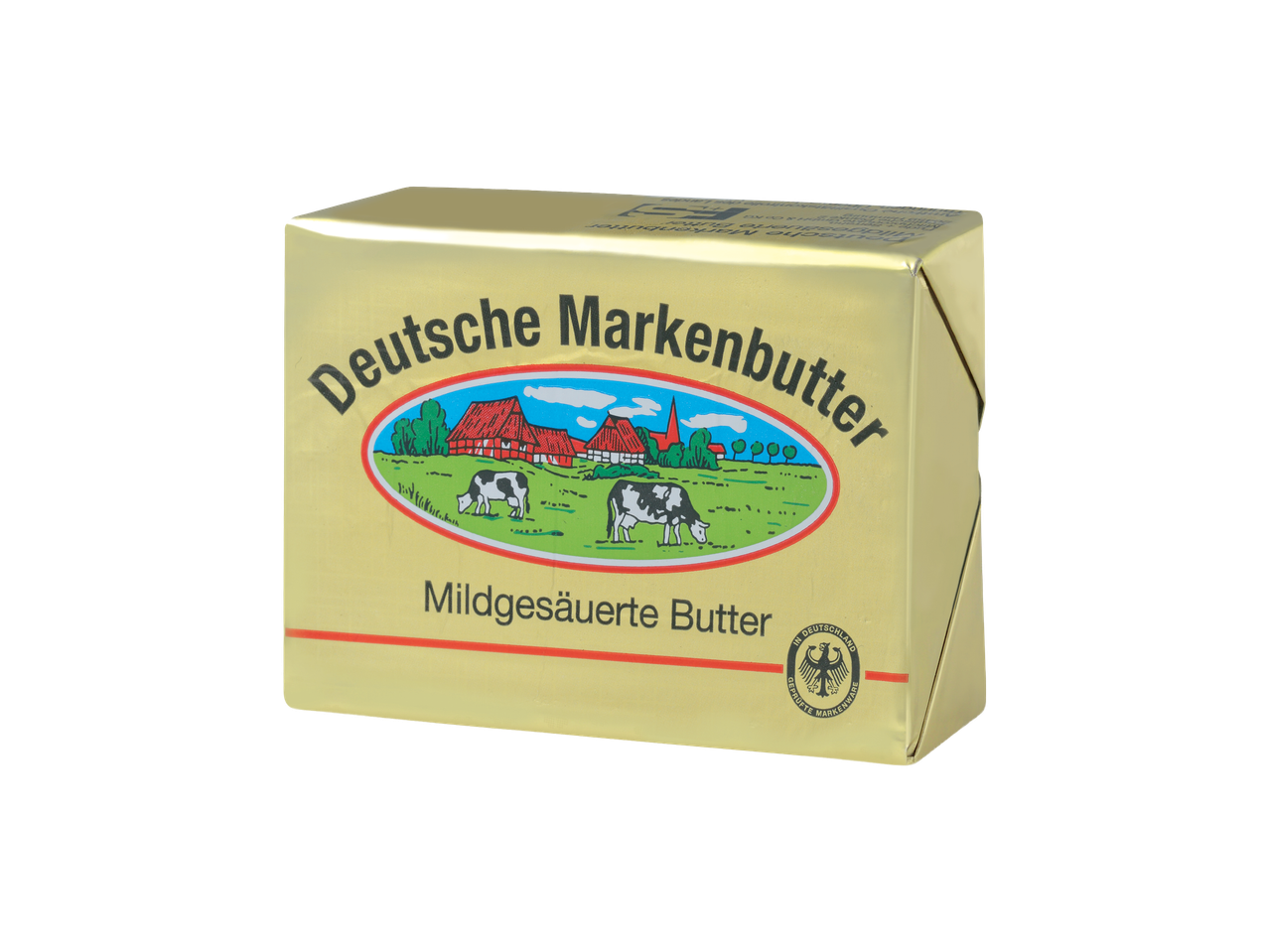 Златисто масло с надпис „Germane Markenbutter“ и илюстрация на крави на паша.
