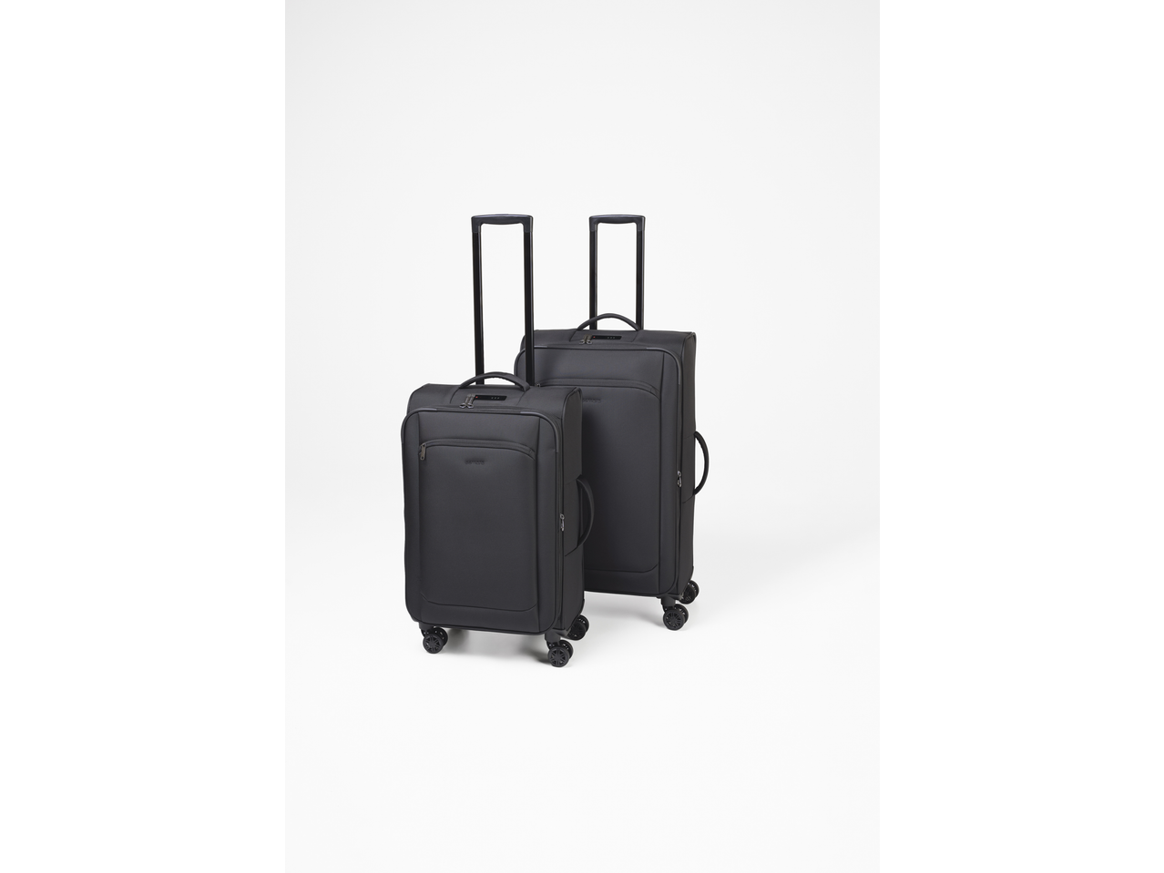 Esmara Trolley Suitcase Set: Two black soft-shell suitcases with telescopic handles and wheels.