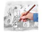 Dítě kreslí tužkou Staedtler Tradition Jumbo HB fantastickou scénu.