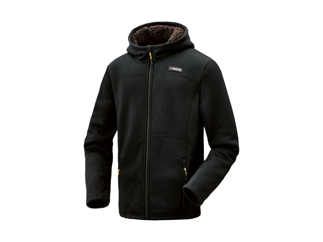 Black hooded fleece jacket with a brown faux fur lining and yellow zipper details.