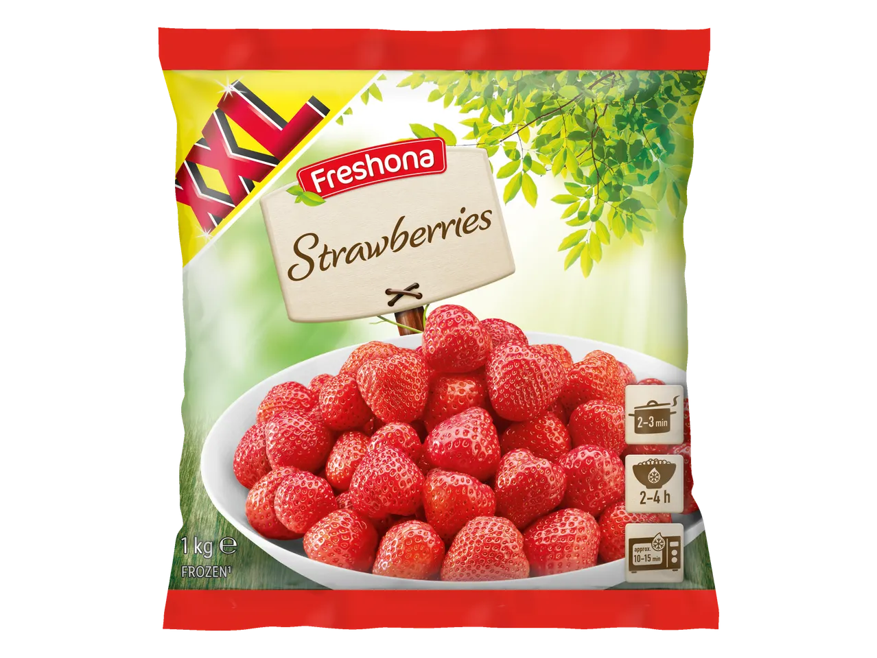 A 1kg bag of Fresona frozen strawberries.
