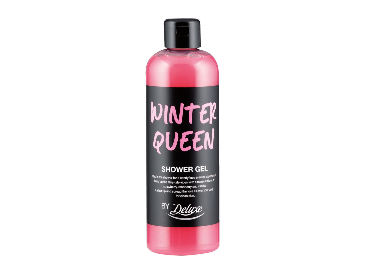 Pink shower gel bottle with a black label featuring 'Winter Queen' and scent description.