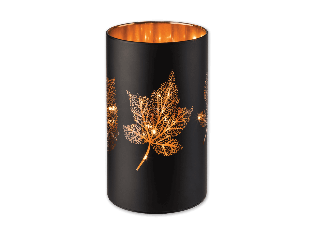 Schwarzes Windlicht mit goldenem Blattmuster und warmem Licht